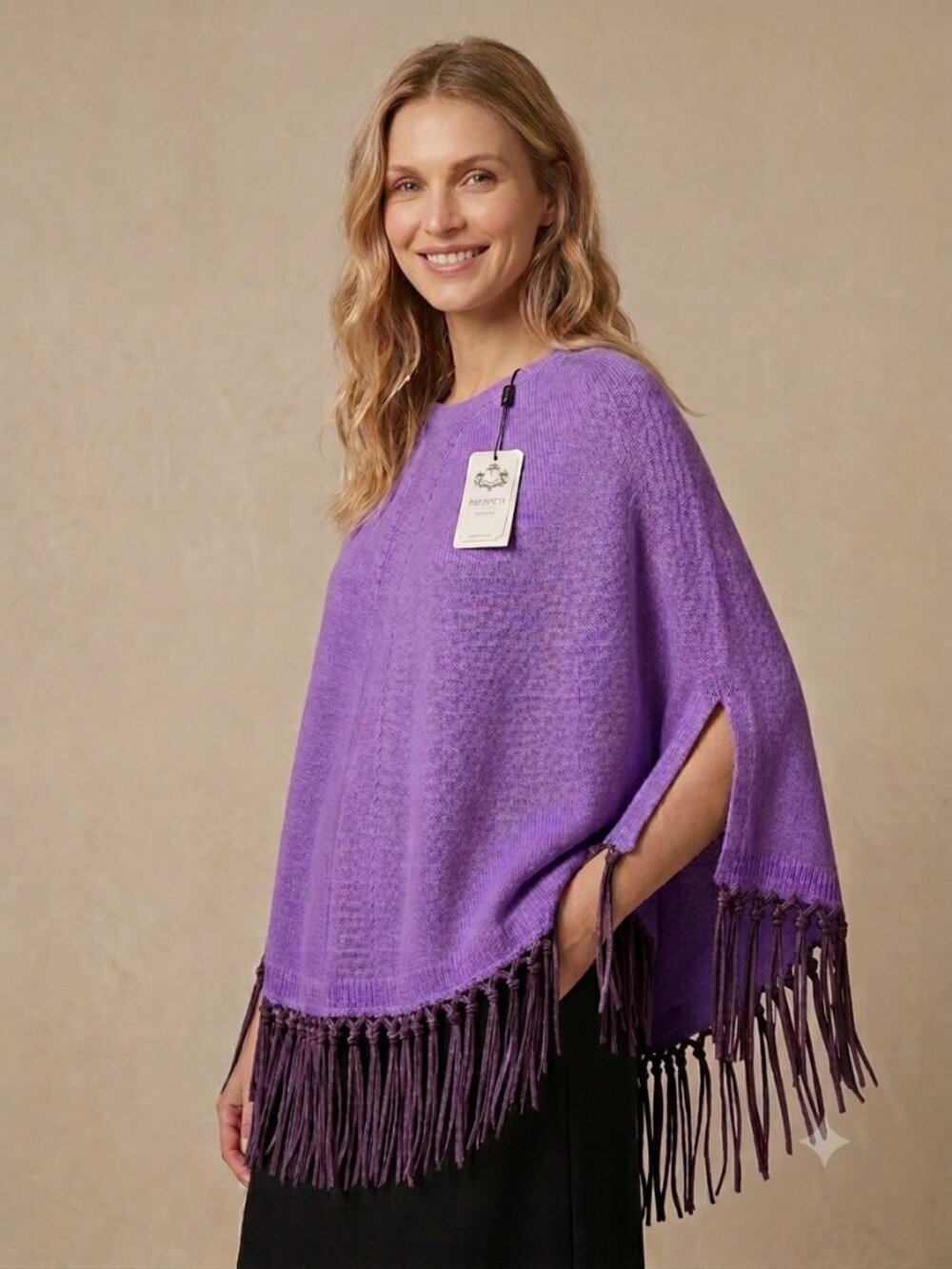 NWT PINOTTI Made in Italy Wool Cashmere Leather Fringe Poncho Purple One Size